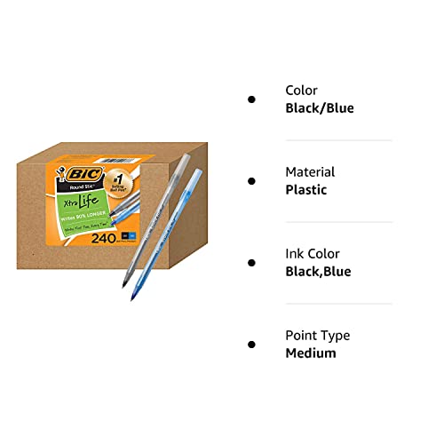 BIC PENS Large Bulk Pack of 240 Ink Pens, 120 Black & 120 Blue Pens in Box Combo Pack