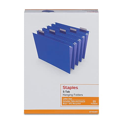 [25 Pack] Staples 163501 Hanging File Folders 5-Tab Letter Size Blue 25/Box (163501)