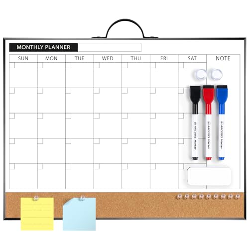 [1 Set] Double Sided Monthly Calendar Whiteboard with Cork Strip Set, 16" x 12"