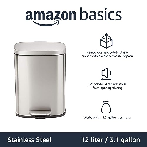 Amazon Basics Smudge Resistant Rectangular Trash Can - 5/12/30/50 Liter