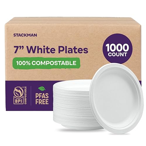 [500 / 1000 CT] 7, 9, 10 Inch 100% Compostable Paper Plates, Natural White Color Unbleached Bagasse