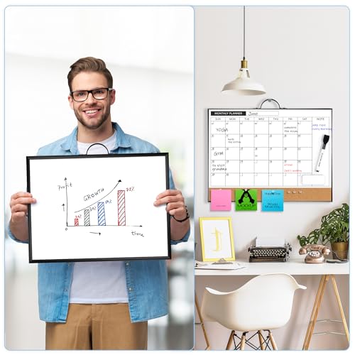 [1 Set] Double Sided Monthly Calendar Whiteboard with Cork Strip Set, 16" x 12"