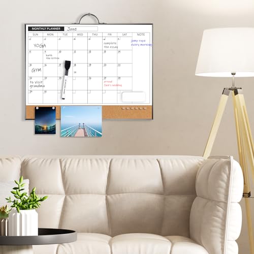 [1 Set] Double Sided Monthly Calendar Whiteboard with Cork Strip Set, 16" x 12"