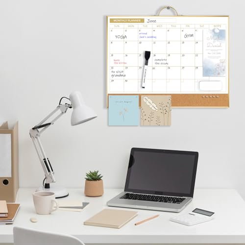 [1 Set] Double Sided Monthly Calendar Whiteboard with Cork Strip Set, 16" x 12"