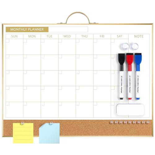 [1 Set] Double Sided Monthly Calendar Whiteboard with Cork Strip Set, 16" x 12"