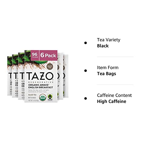 [96 Bags] Black Tea, Regenerative Organic Awake English Breakfast Tea, 16 tea bags x 6 boxes