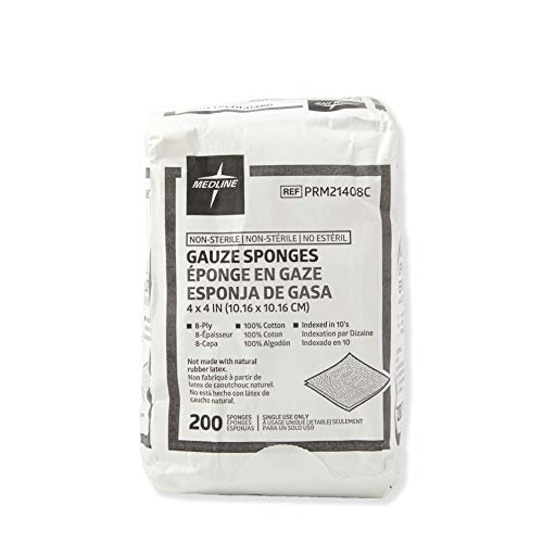 [200 Count] Medline 4 x 4 inch Gauze Sponges, 100% Cotton, 8-Ply Woven Non-Sterile Gauze, Packaging may vary