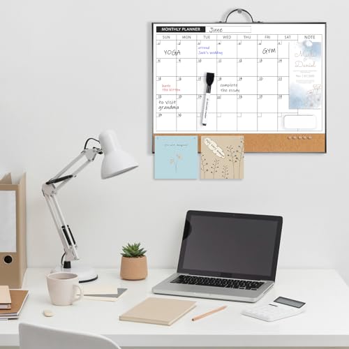 [1 Set] Double Sided Monthly Calendar Whiteboard with Cork Strip Set, 16" x 12"