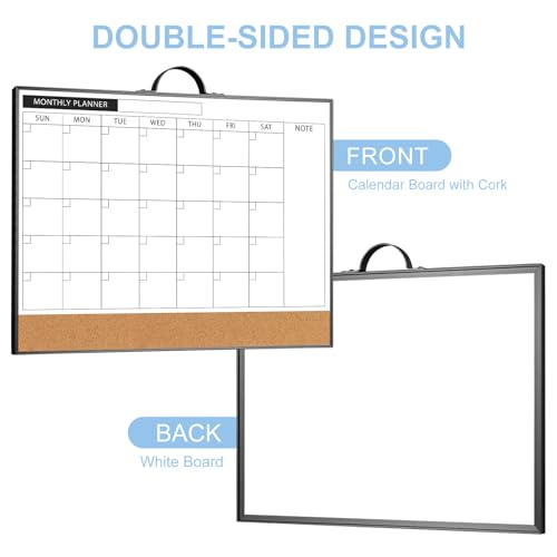 [1 Set] Double Sided Monthly Calendar Whiteboard with Cork Strip Set, 16" x 12"
