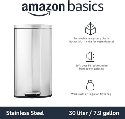 Amazon Basics Smudge Resistant Rectangular Trash Can - 5/12/30/50 Liter