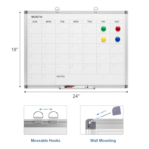 [1 Set] Monthly Calendar Magnetic Dry Erase Whiteboard, 24" x 18"