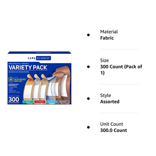 Care Science Variety Bandages Pack, 300 ct Bulk Assorted Sizes