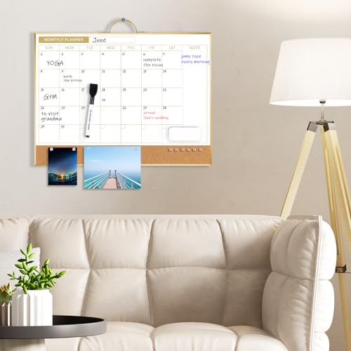 [1 Set] Double Sided Monthly Calendar Whiteboard with Cork Strip Set, 16" x 12"