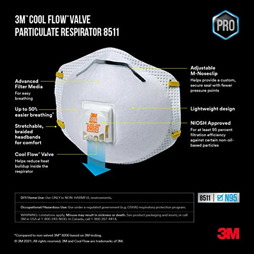 [5 PCS] 3M N95 Respirator 8511, NIOSH-Approved w/ 3M COOL FLOW Exhalation Valve