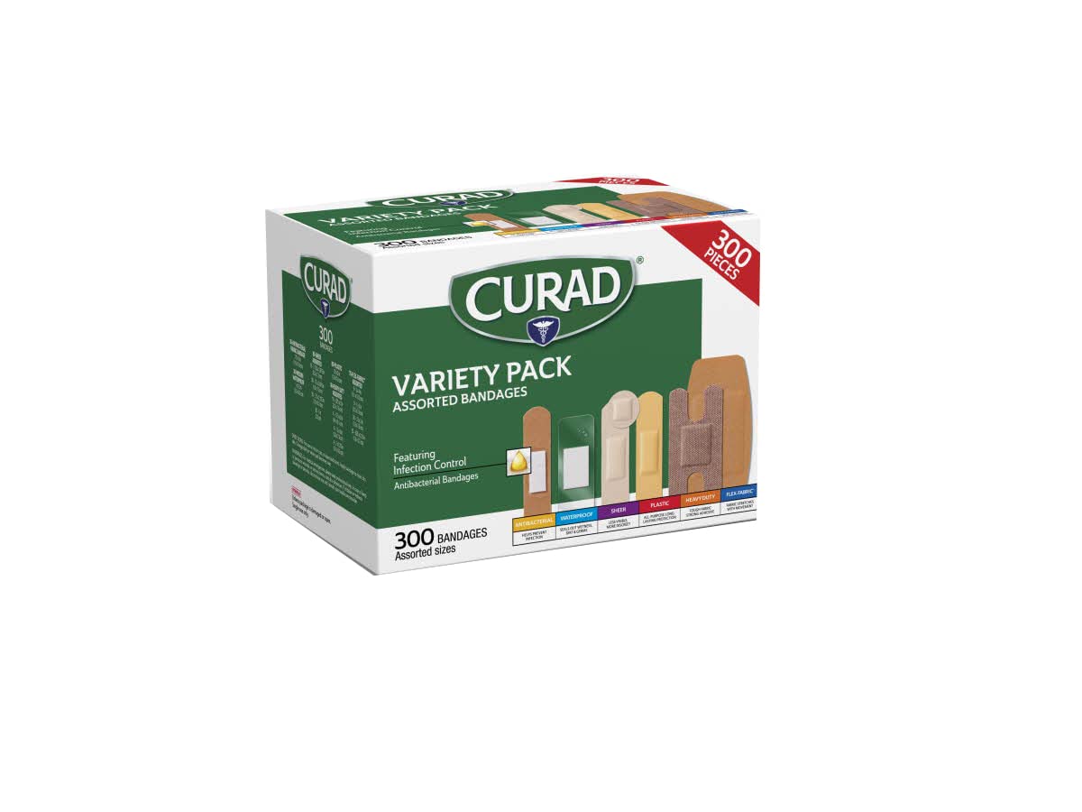 Assorted Bandages Variety Pack 300 Pieces, Including Antibacterial, Heavy Duty, Fabric, and Waterproof Bandages