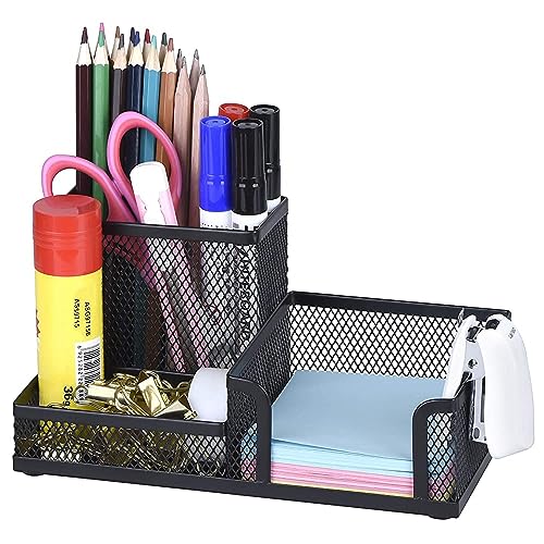 Mesh Pen Pencil Holder with Post It Note Holders Desk Organizer (1 or 2 pack)