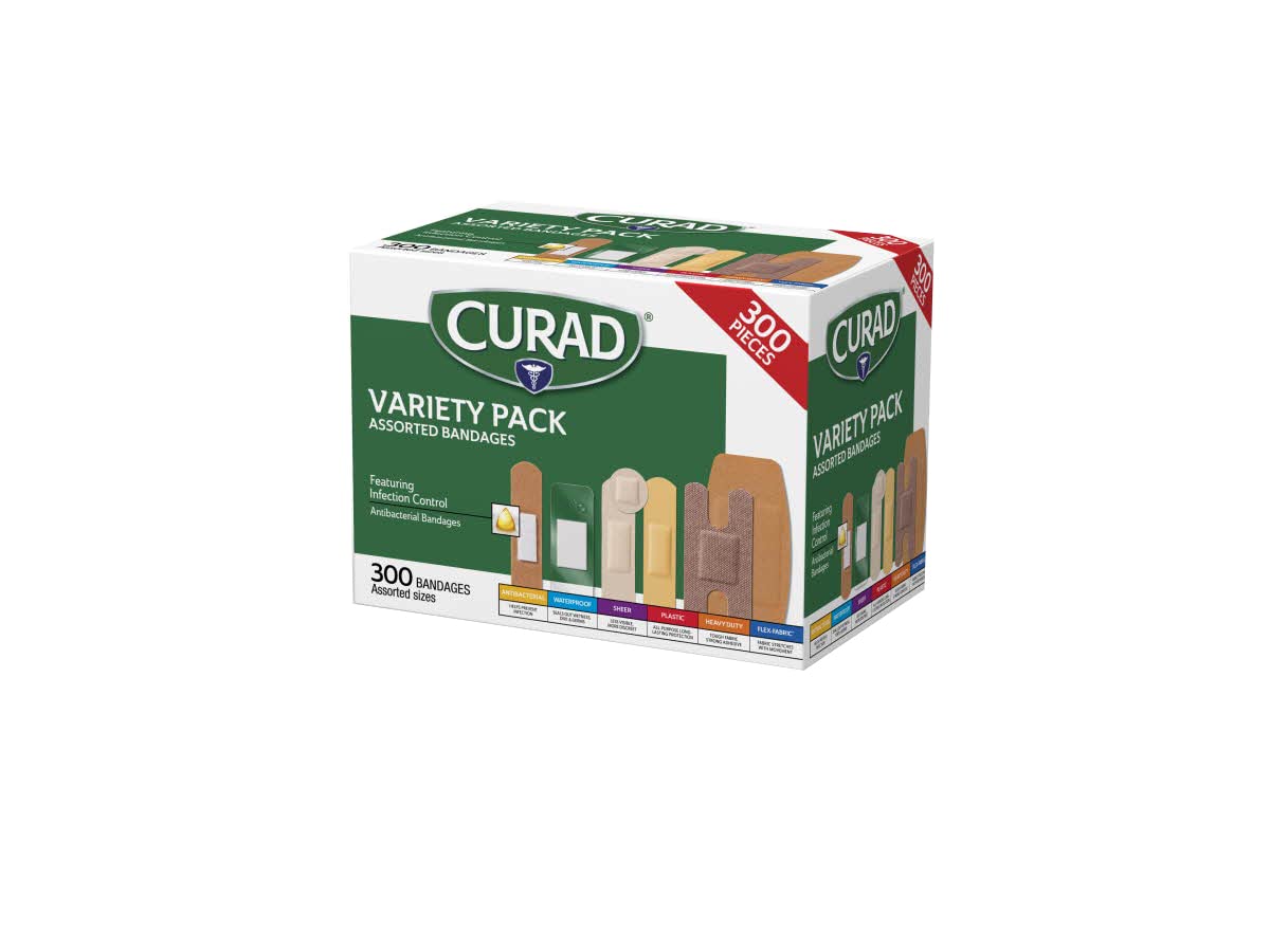 Assorted Bandages Variety Pack 300 Pieces, Including Antibacterial, Heavy Duty, Fabric, and Waterproof Bandages