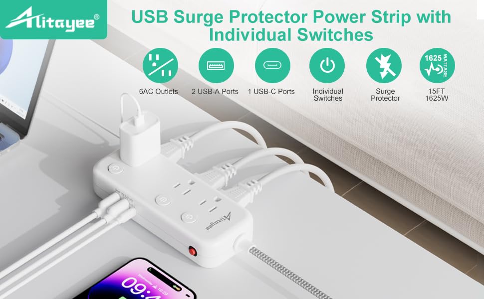 5, 15FT Surge Protector Power Strip with Individual Switches