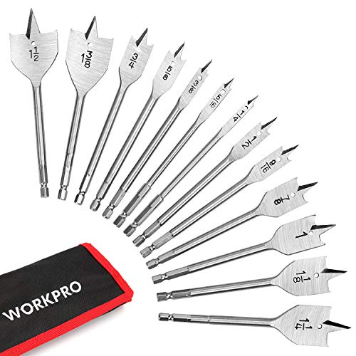 13-Piece Spade Drill Bit Set in SAE, Paddle Flat Bits for Woodworking, Nylon Storage Pouch Included