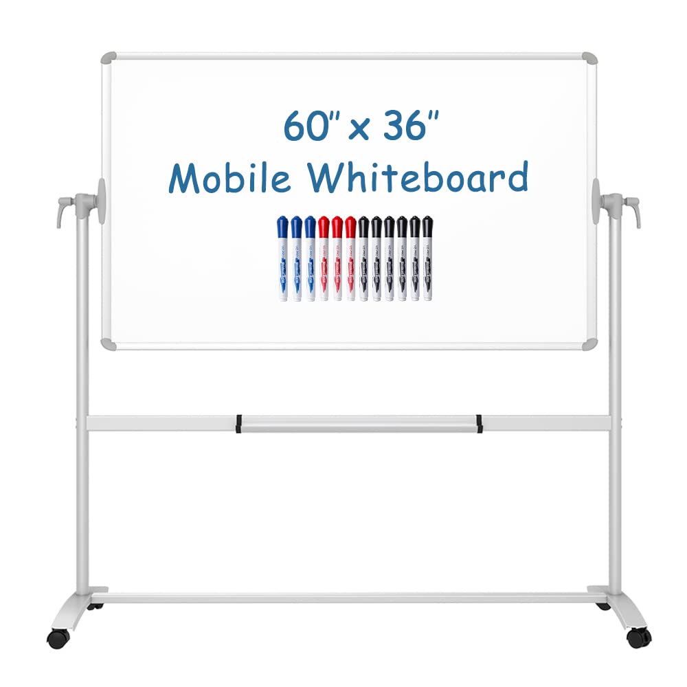 [1 Set] Double-Sided Magnetic Mobile Whiteboard with Steel Stand, 12 Count Markers