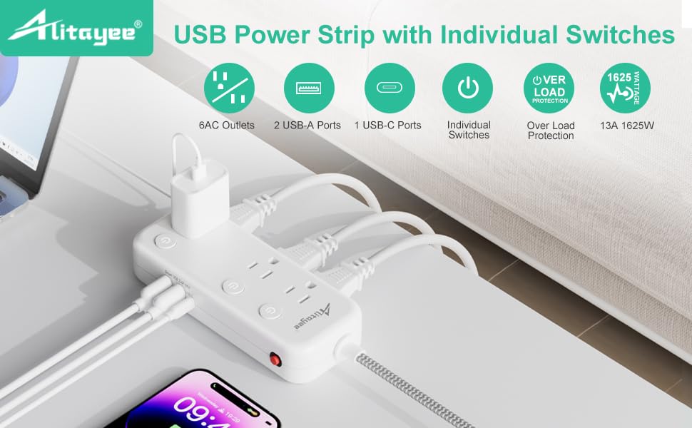 5, 15FT Surge Protector Power Strip with Individual Switches
