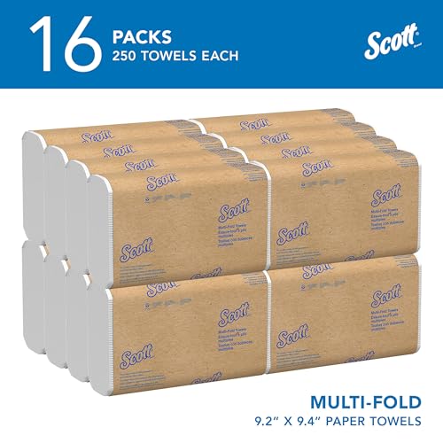 Scott® Multifold Paper Towels (01840), 9.2" x 9.4" sheets,  (250 Sheets/Pack, 16 Packs/Case, 4,000 Sheets/Case)