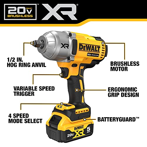 DEWALT 20V MAX Cordless Impact Wrench Kit, 20V MAX, 1/2" Hog Ring With 4-Mode Speed, Includes Battery, Charger and Kit Bag (DCF900P1)