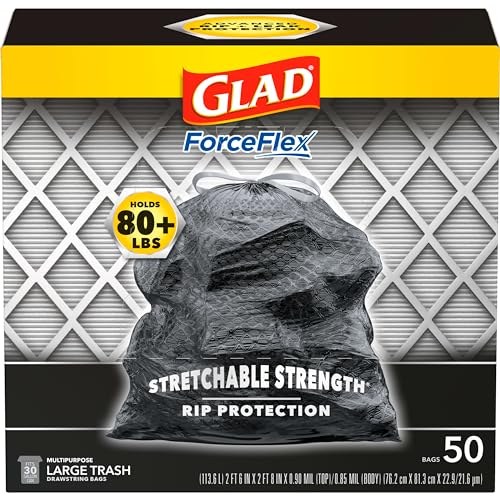 Glad Large Drawstring Trash Bags, ForceFlex 30 Gallon Black Trash Bags, 25/50/68 Count