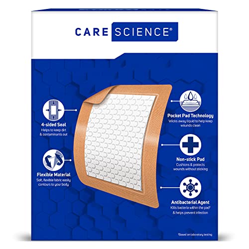 Care Science Fabric Adhesive Pad Bandages, 3x4 inches Extra Large Flexible Non-Stick Strip