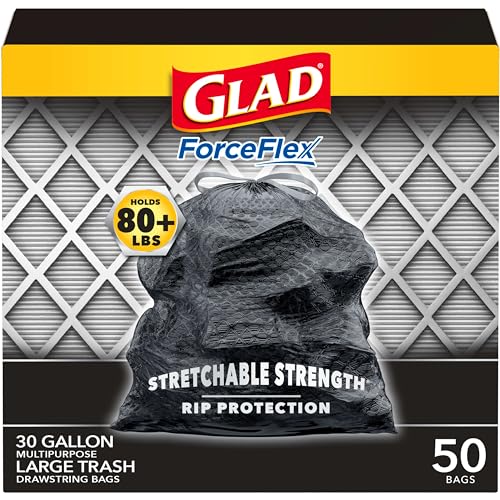 Glad Large Drawstring Trash Bags, ForceFlex 30 Gallon Black Trash Bags, 25/50/68 Count