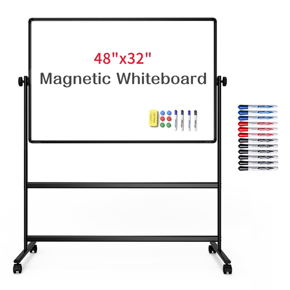 [1 Set] Double-Sided Magnetic Mobile Whiteboard with Accessories, Height Adjustable