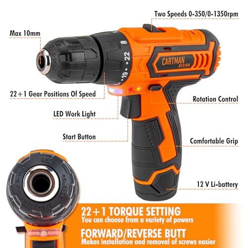 CARTMAN Power Tool Combo Kits with 12V Cordless Drill with a Robot Style Carry Box