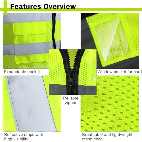 [15 /25 / 40 Packs] High Visibility Safety Vests with Pockets and Zipper