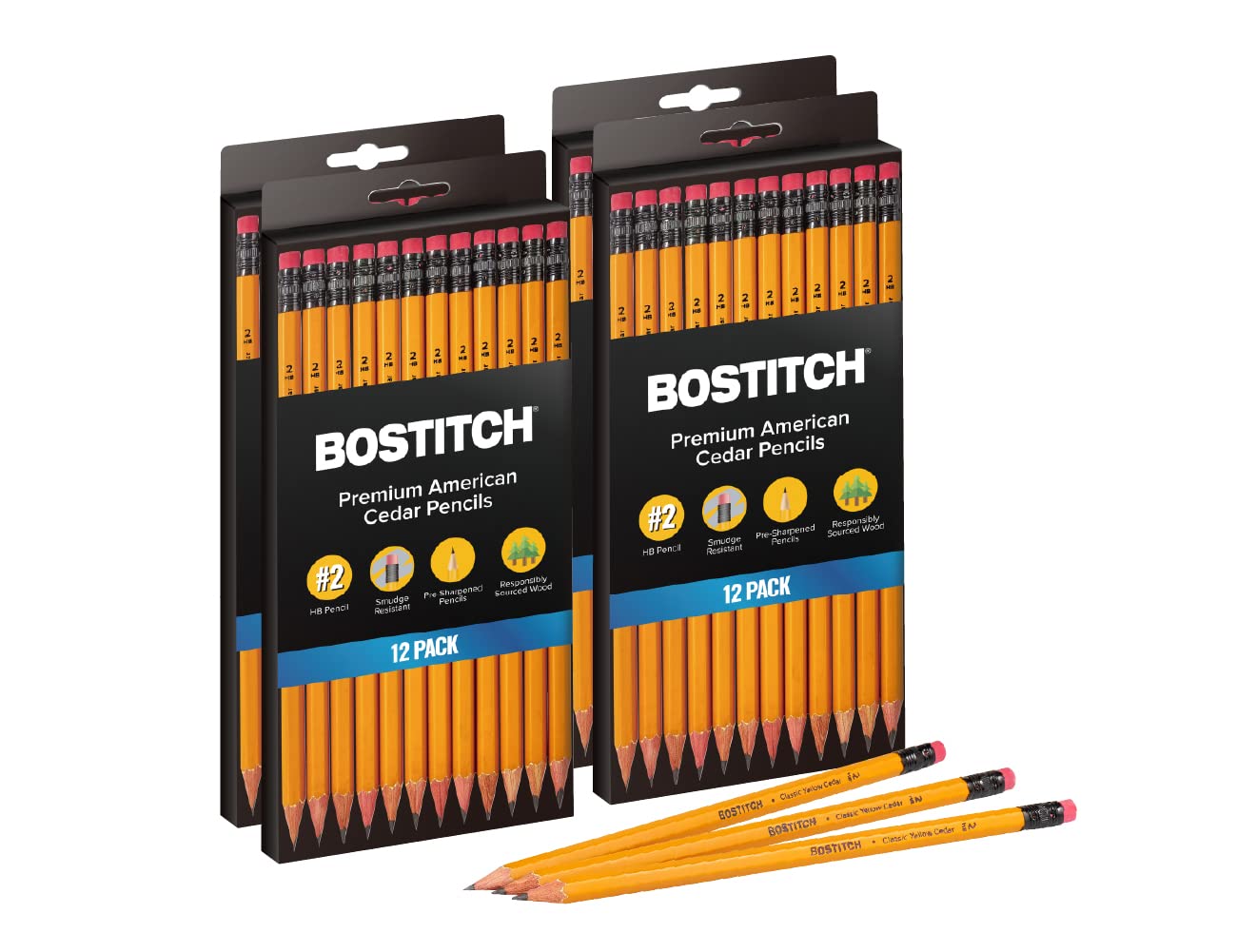 [24 /48 / 72 Pack] Bostitch Office Premium #2 Pencils, American Cedar Wood, Pre-Sharpened