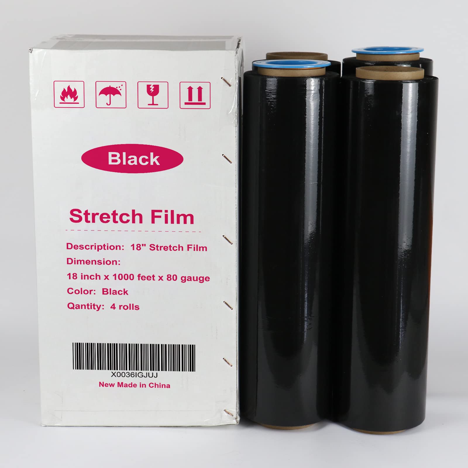 Black & Clear Stretch Wrap Industrial Strength with Plastic Handle 18" x 1000 Feet 80 Gauge 4 Pack