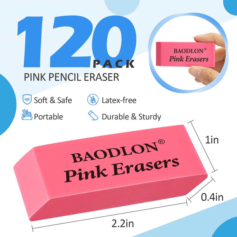 120 Pack - Pink Rubber Pencil Erasers Bulk