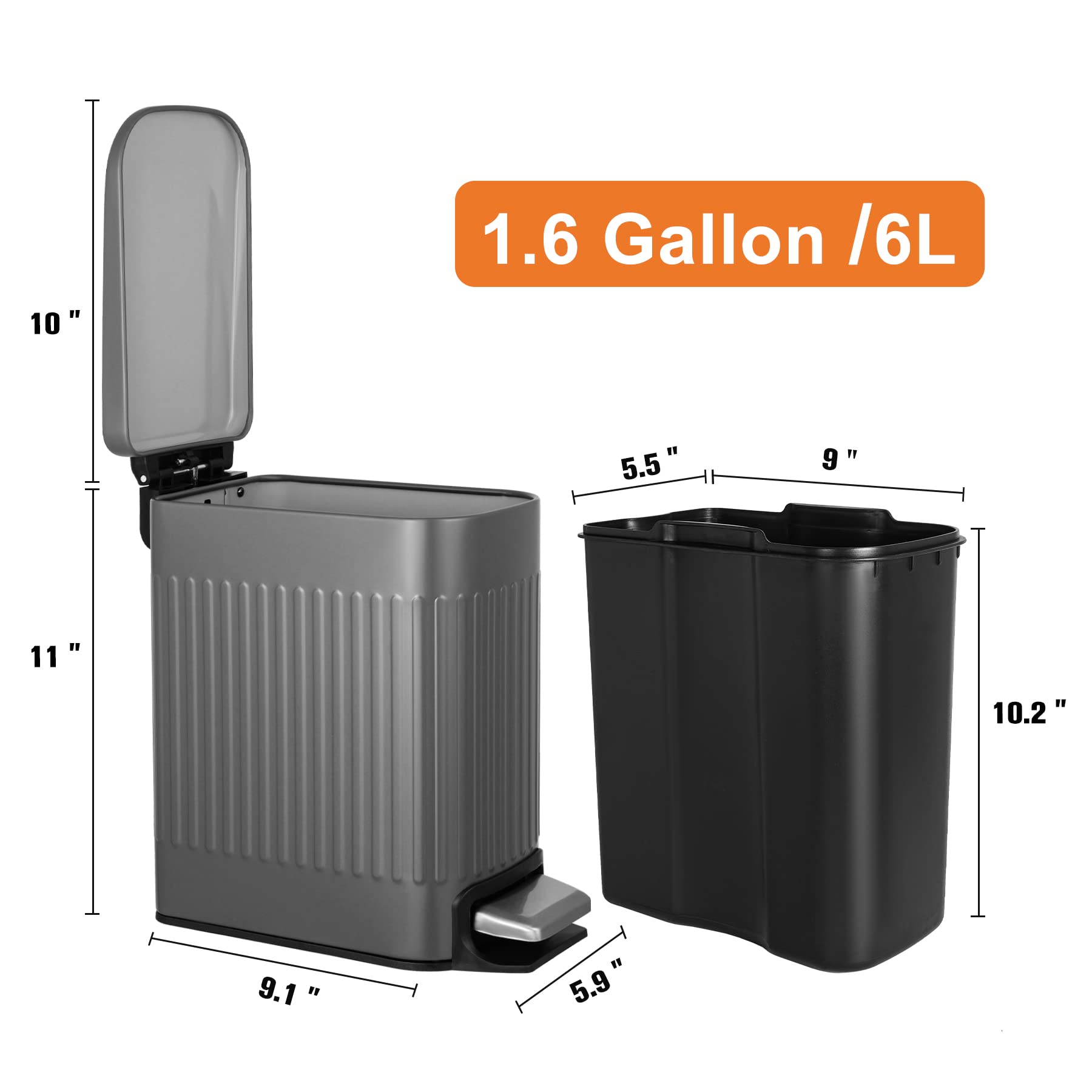 Slim Bathroom Trash Can with Lid Soft Close, 6 Liter/1.6 Gallon