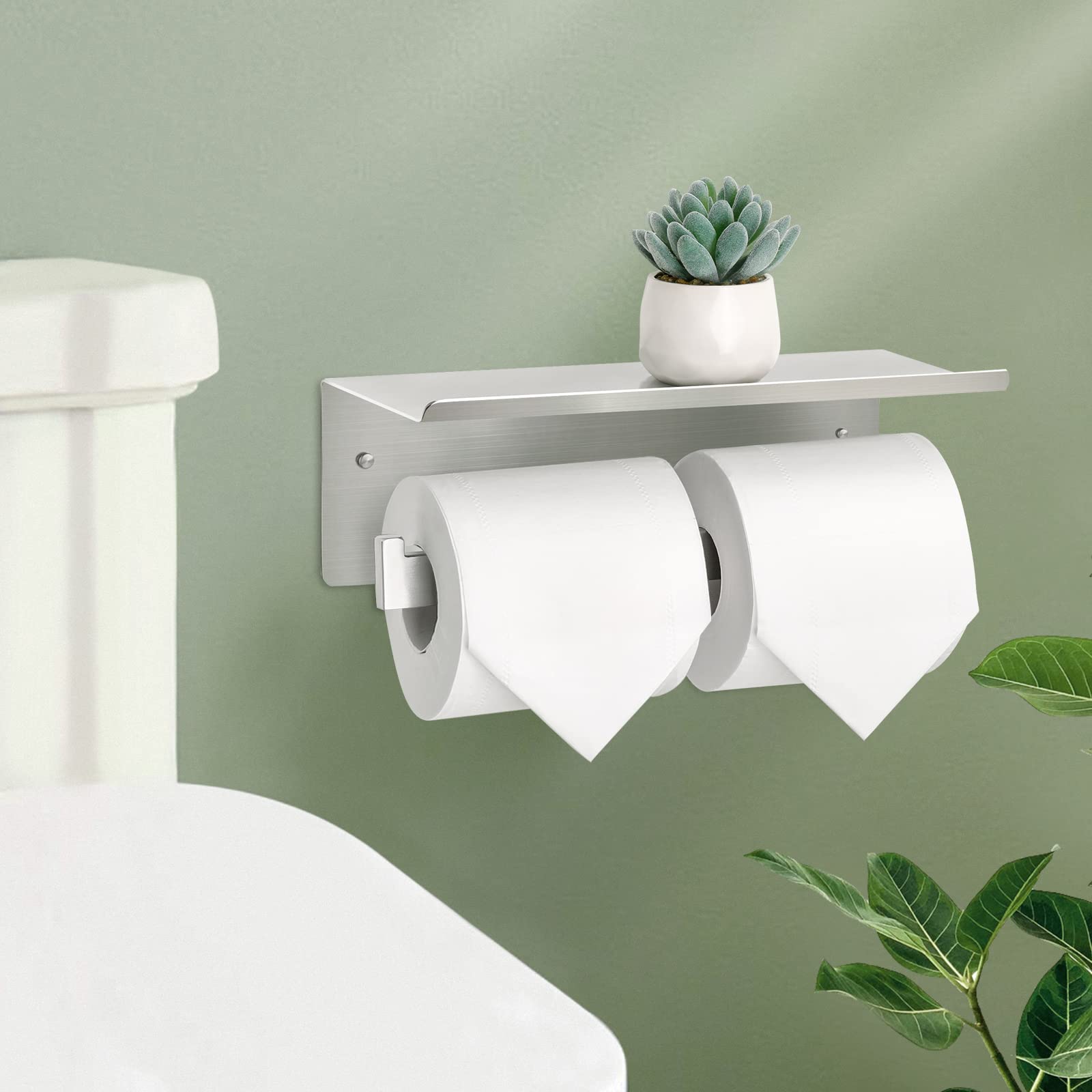 Double  Stainless Steel Toilet Paper Holder with Shelf