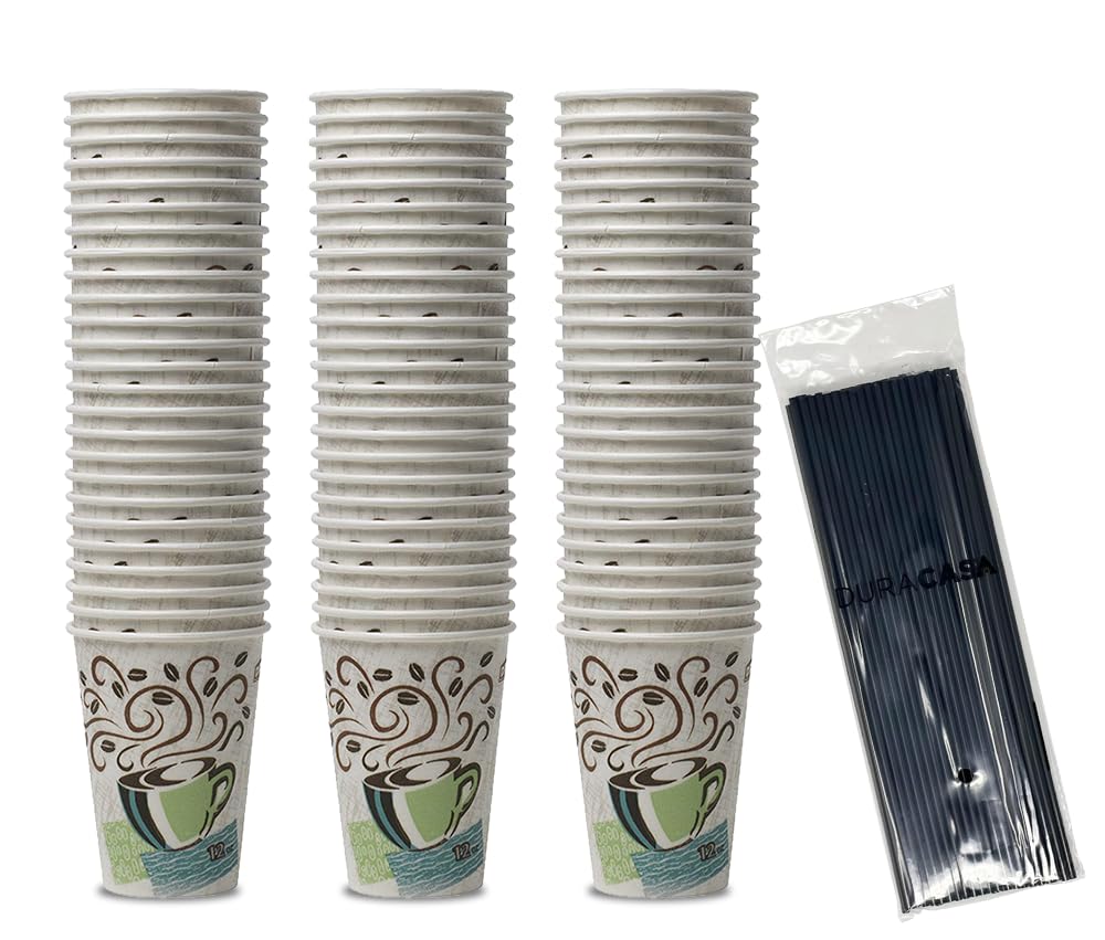 [75 PCS] 12 oz. Insulated Paper Hot Drink Cups w/ Stirring Straws Bundle (75 Straws)