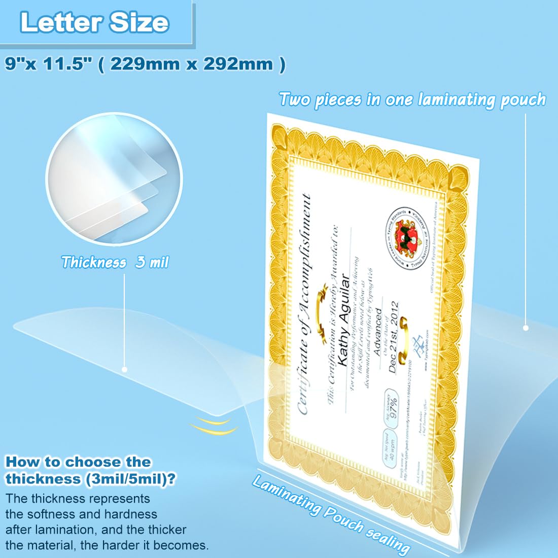 [100 Pack] 9 x 11.5, 5 Mil Clear Thermal Laminate Sheets Holds 8.5 x 11 Inch Sheets