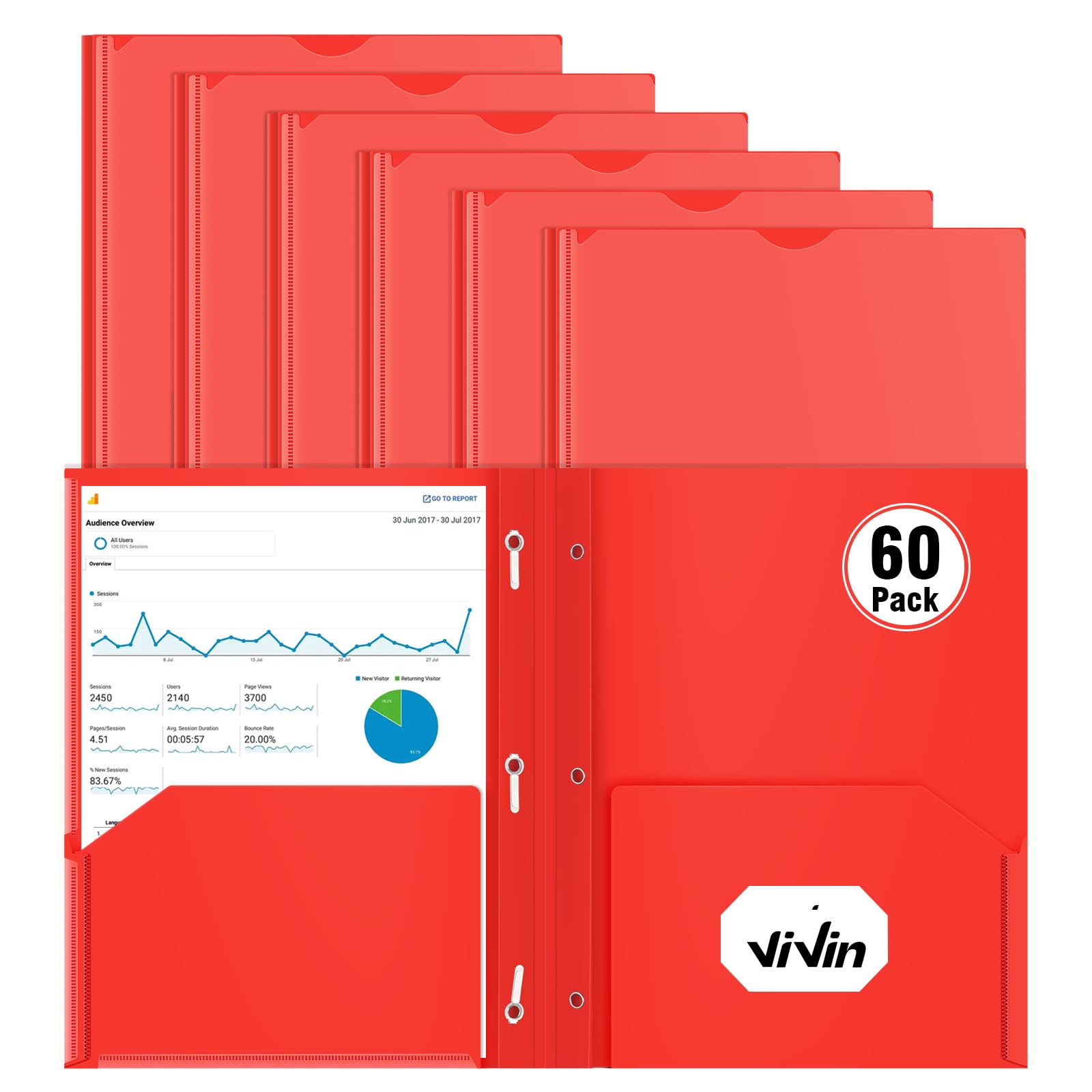 [6 & 60 Pack] ViVin Heavy Duty Folders with Clear Front Pocket, Plastic Folder with fastener