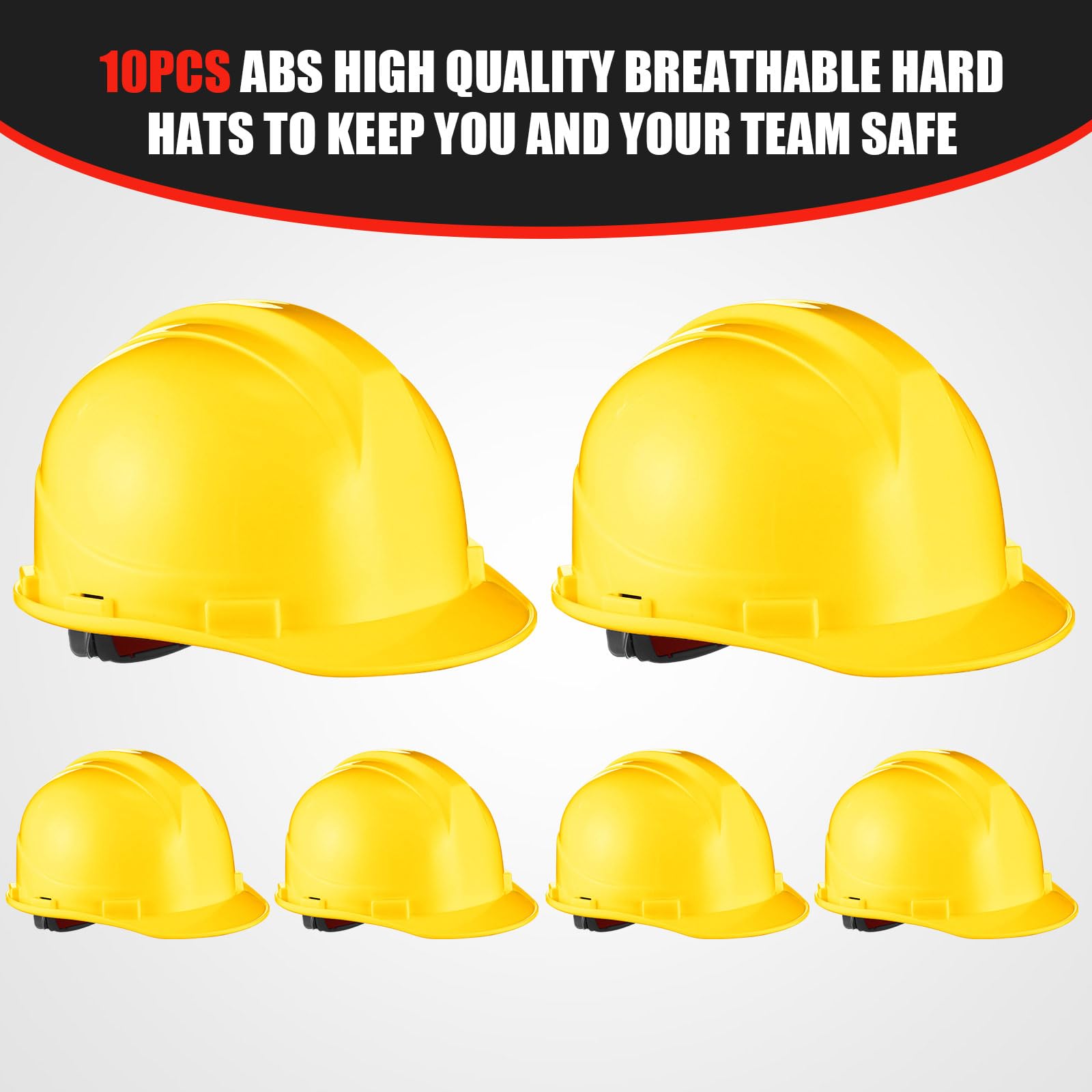 [10 Pcs] Suspension Hard Hat for Construction, Ratchet Cap Style w/ Self Adjusting Straps for Man & Woman