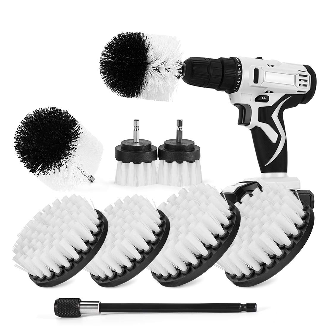 4-Piece Cleaning Brush Set - 2-In, 3.5-In, 4-In, 5-Ih Round Flat Brushes and 6-In Extended Reach Attachment for Drill