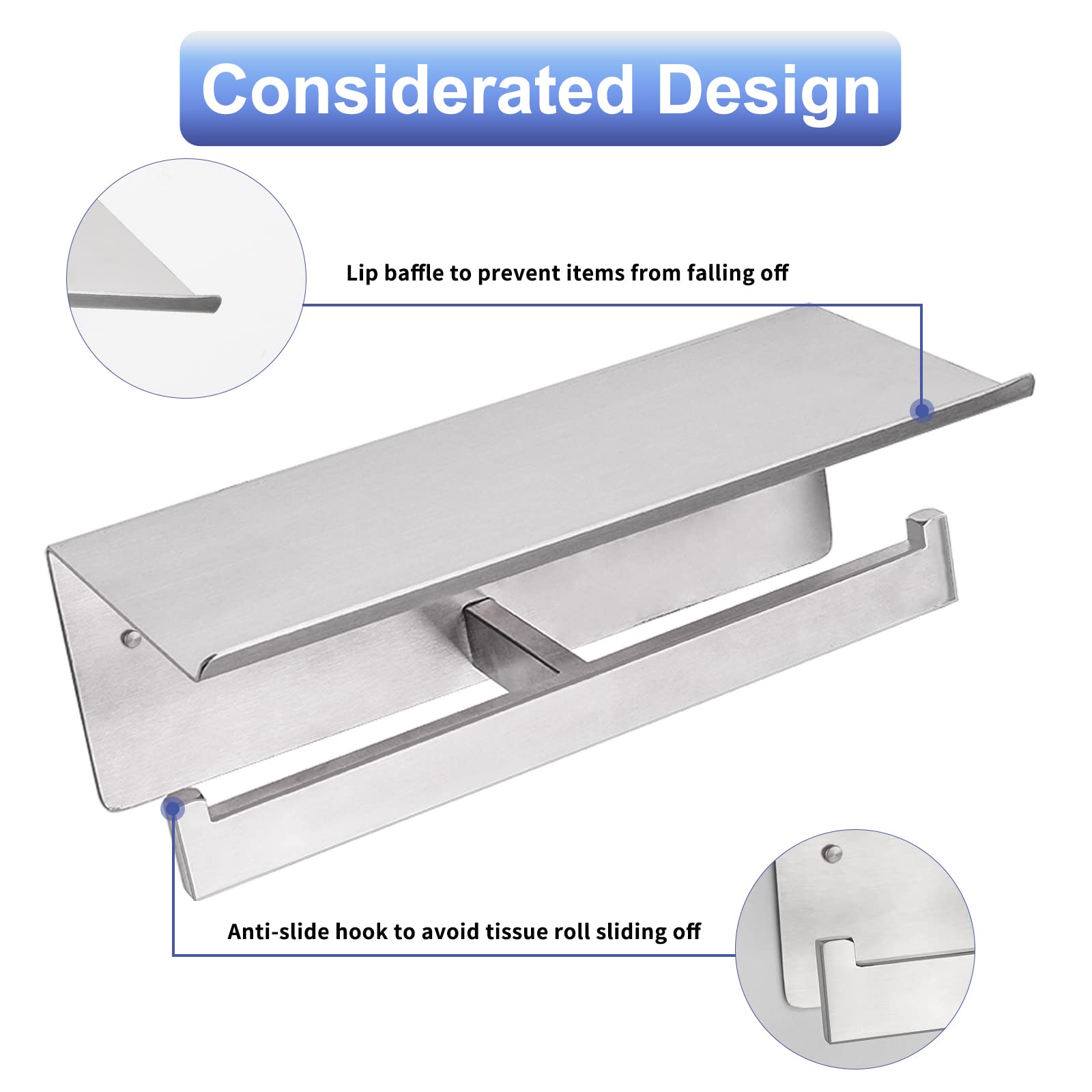 Double  Stainless Steel Toilet Paper Holder with Shelf