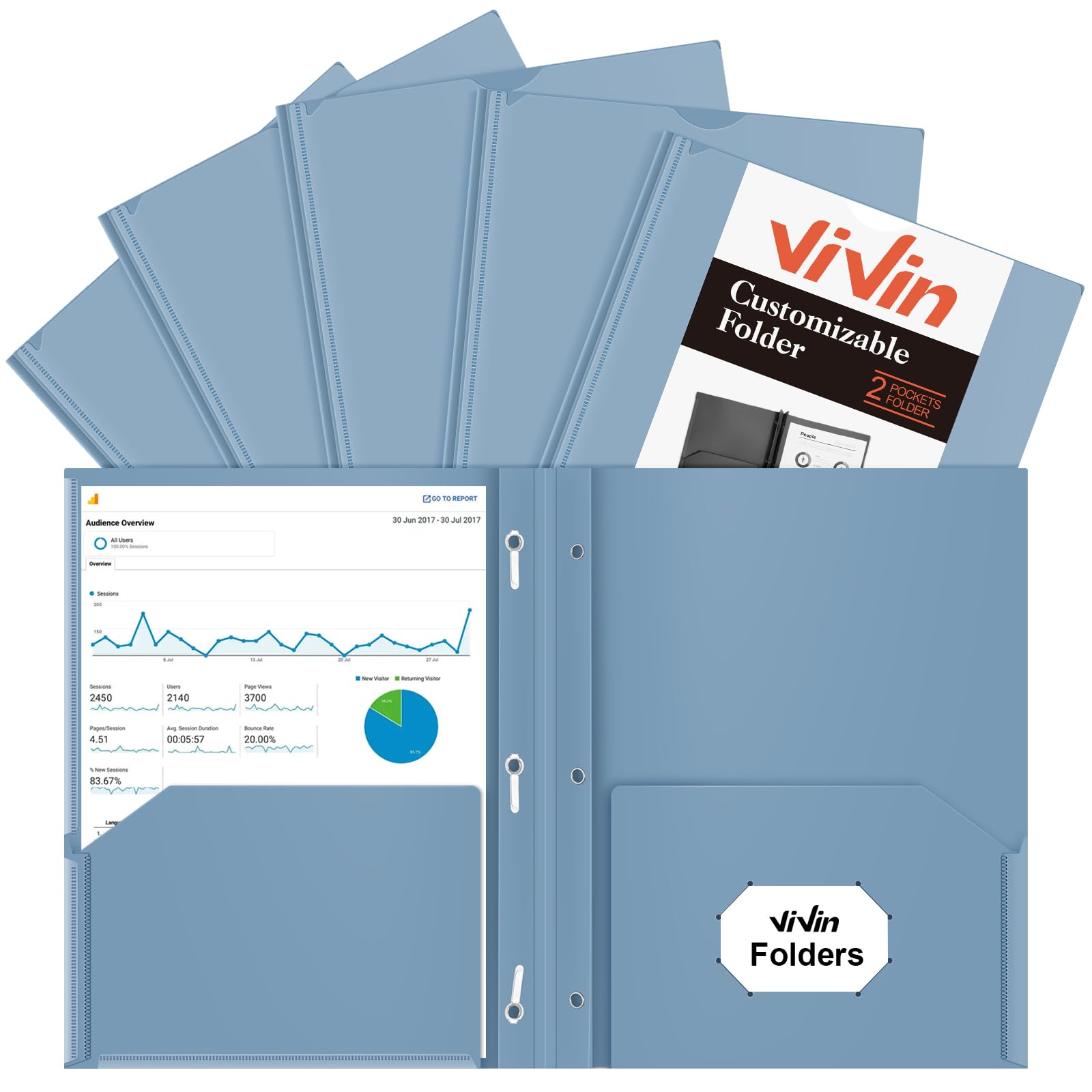 [6 & 60 Pack] ViVin Heavy Duty Folders with Clear Front Pocket, Plastic Folder with fastener