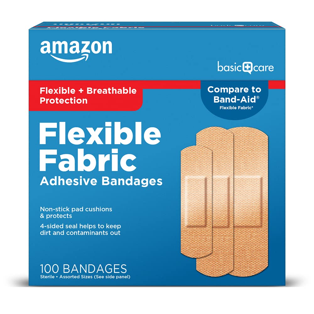 Flexible Fabric Adhesive Bandages, First Aid and Wound Care Supplies, Assorted Sizes, 100 Count