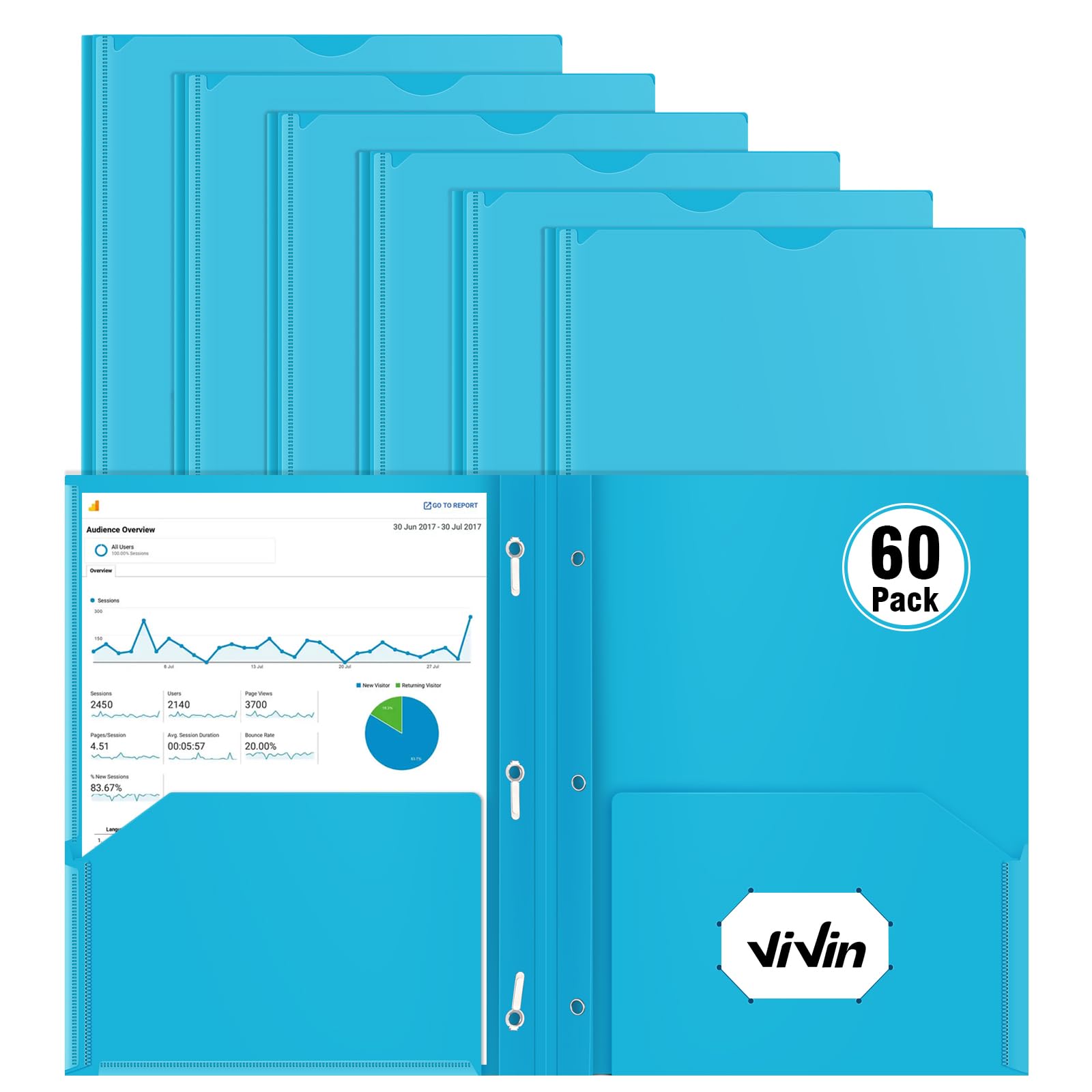 [6 & 60 Pack] ViVin Heavy Duty Folders with Clear Front Pocket, Plastic Folder with fastener