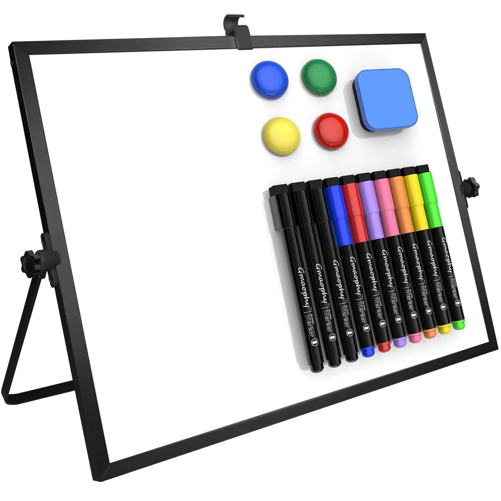 [1 Set] Dry Erase White Board with Stand, 10 Markers, 4 Magnets, 1 Eraser