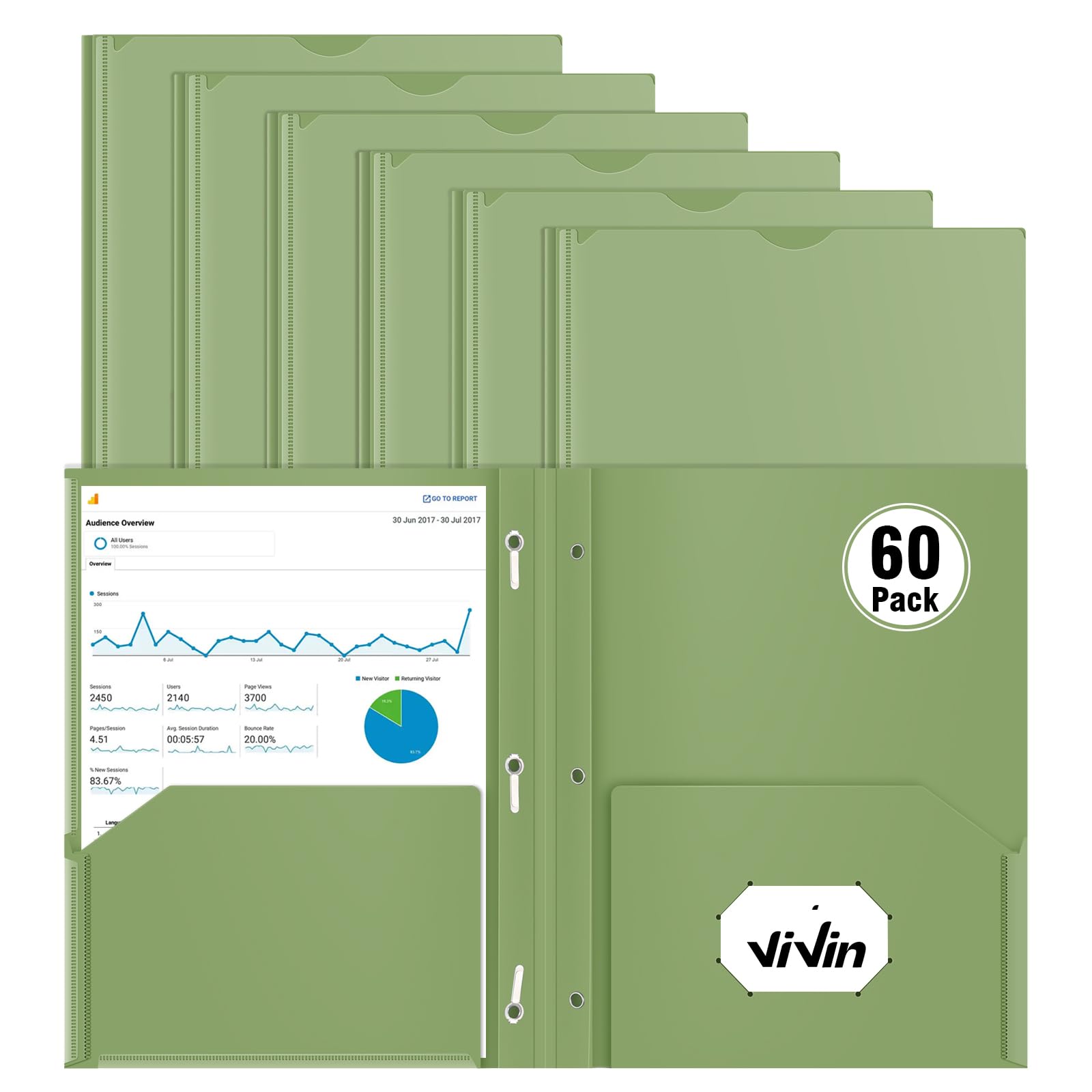 [6 & 60 Pack] ViVin Heavy Duty Folders with Clear Front Pocket, Plastic Folder with fastener