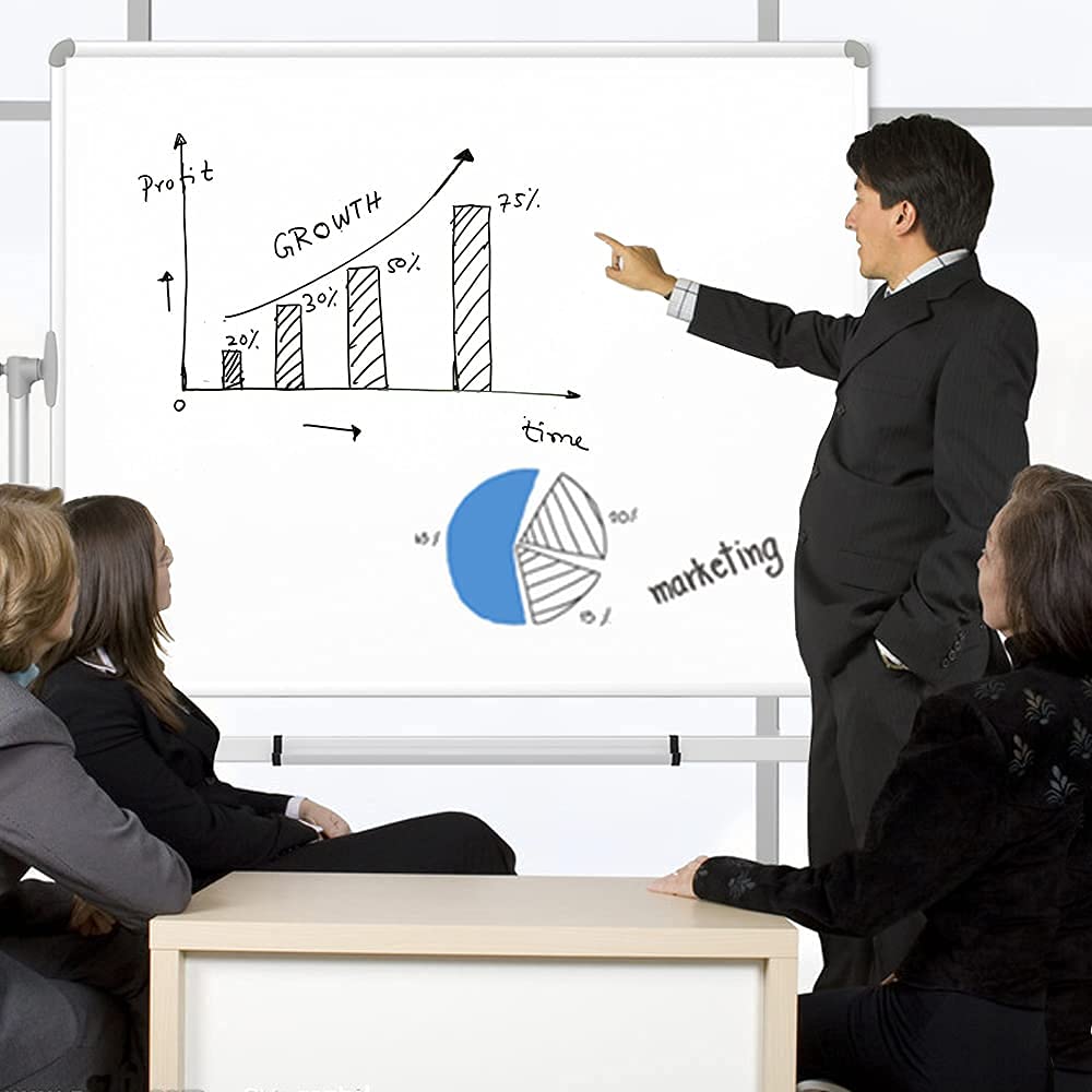 [1 Set] Double-Sided Magnetic Mobile Whiteboard with Steel Stand, 12 Count Markers